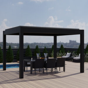 Pergola bioclimatique en aluminium gris anthracite 400x400cm avec lames grises SEYCHELLE – Essency